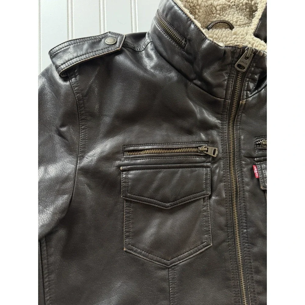 Levi's Faux Leather Aviator Bomber Jacket Sherpa Lined Brown‎ Men's L